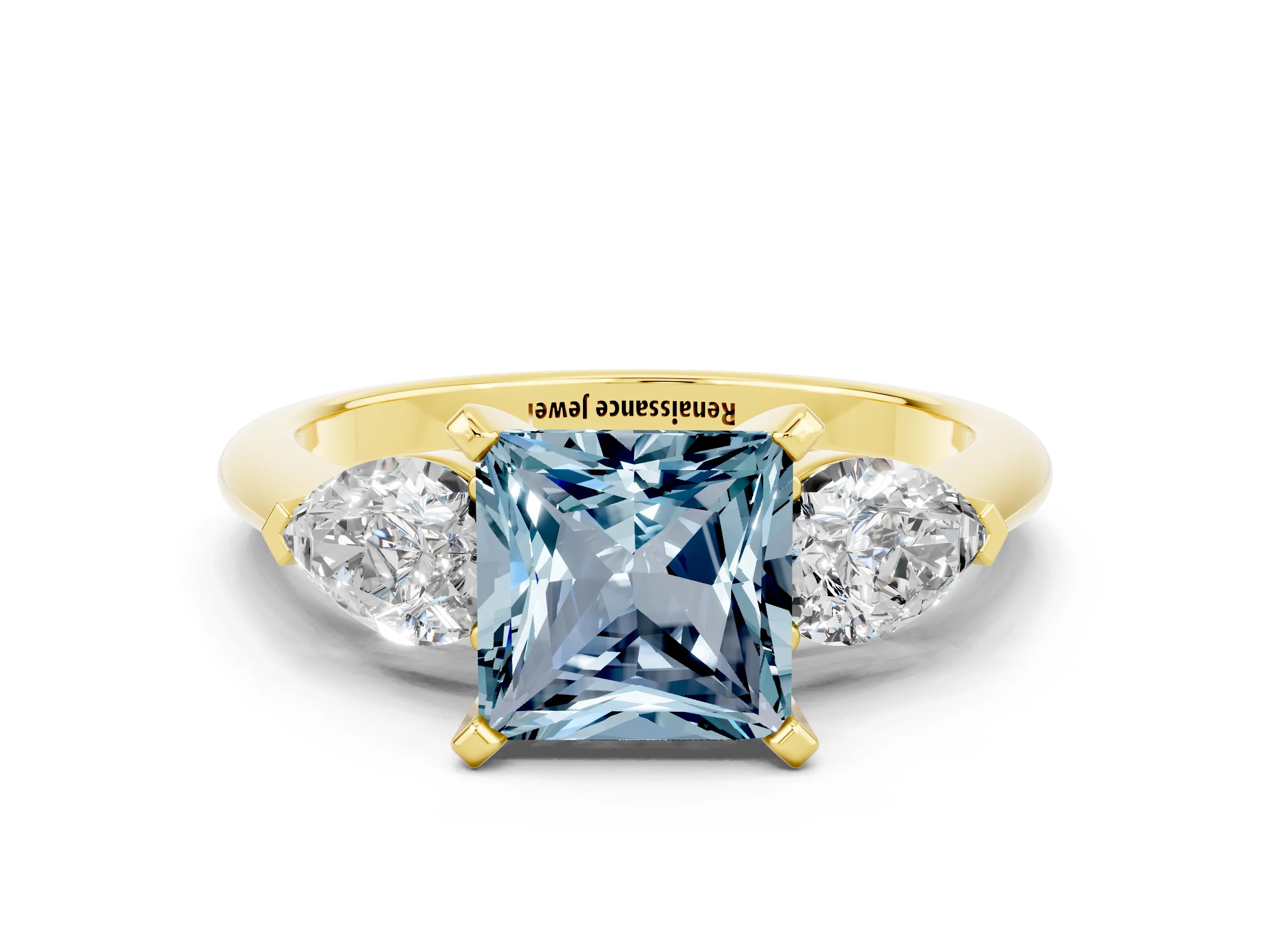 Yellow gold Three-Stone Princess Cut Aquamarine Ring with Pear Side Stones and Four-Prong Setting