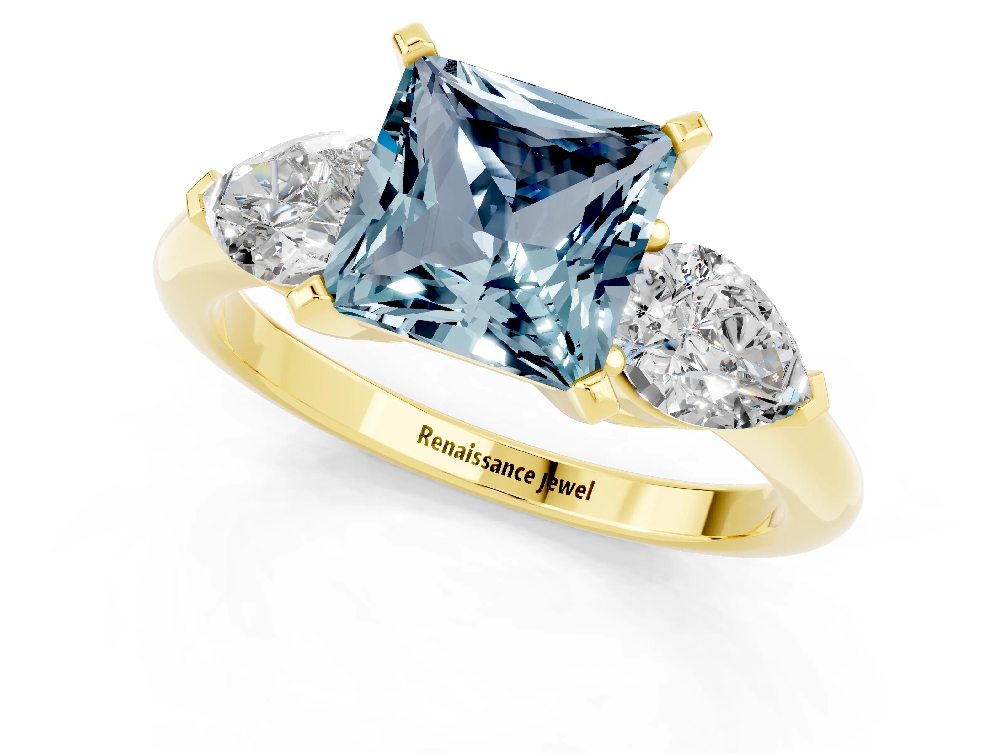 Yellow gold Three-Stone Princess Cut Aquamarine Ring with Pear Side Stones and Four-Prong Setting_1