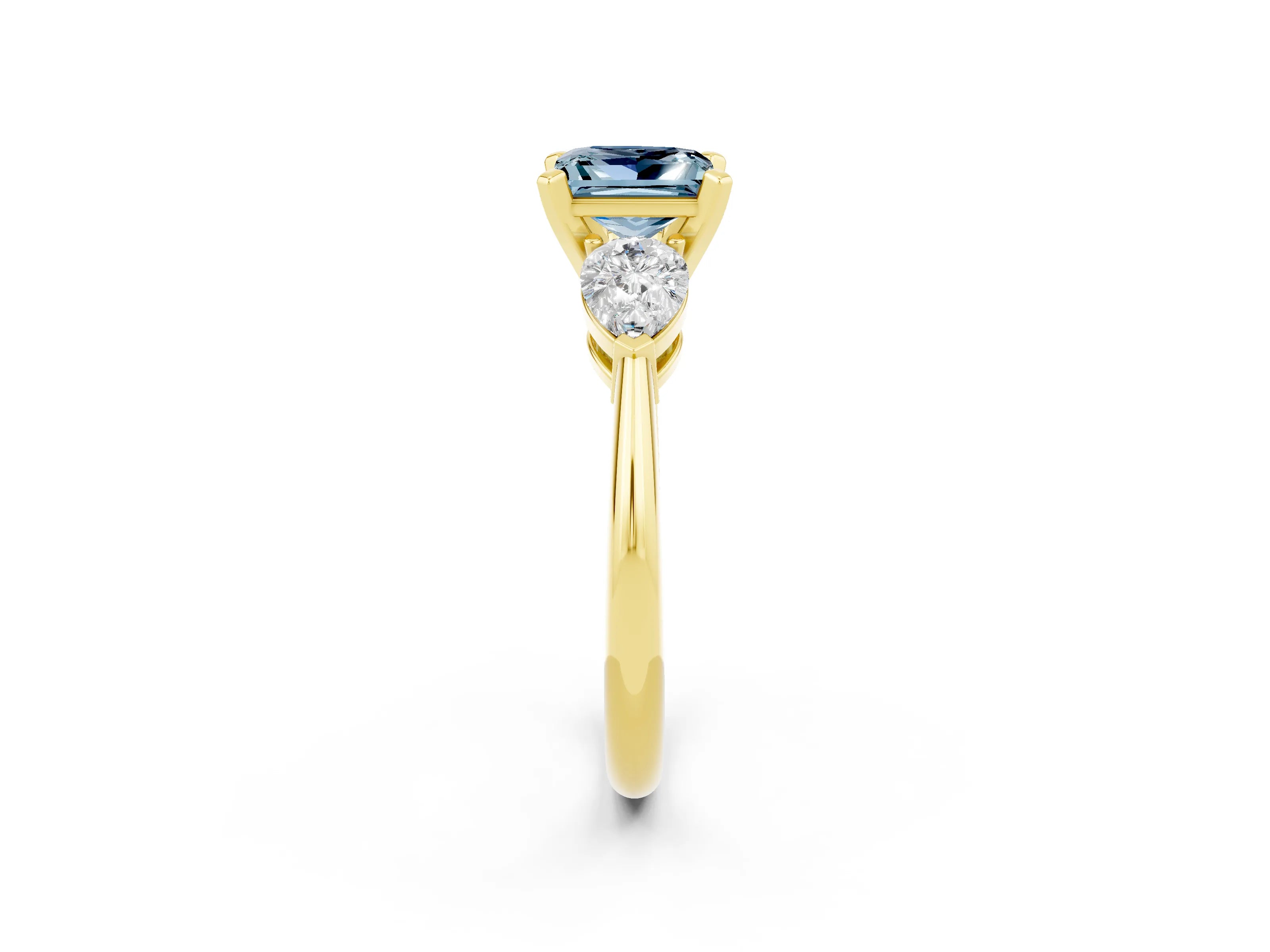 Yellow gold Three-Stone Princess Cut Aquamarine Ring with Pear Side Stones and Four-Prong Setting_2