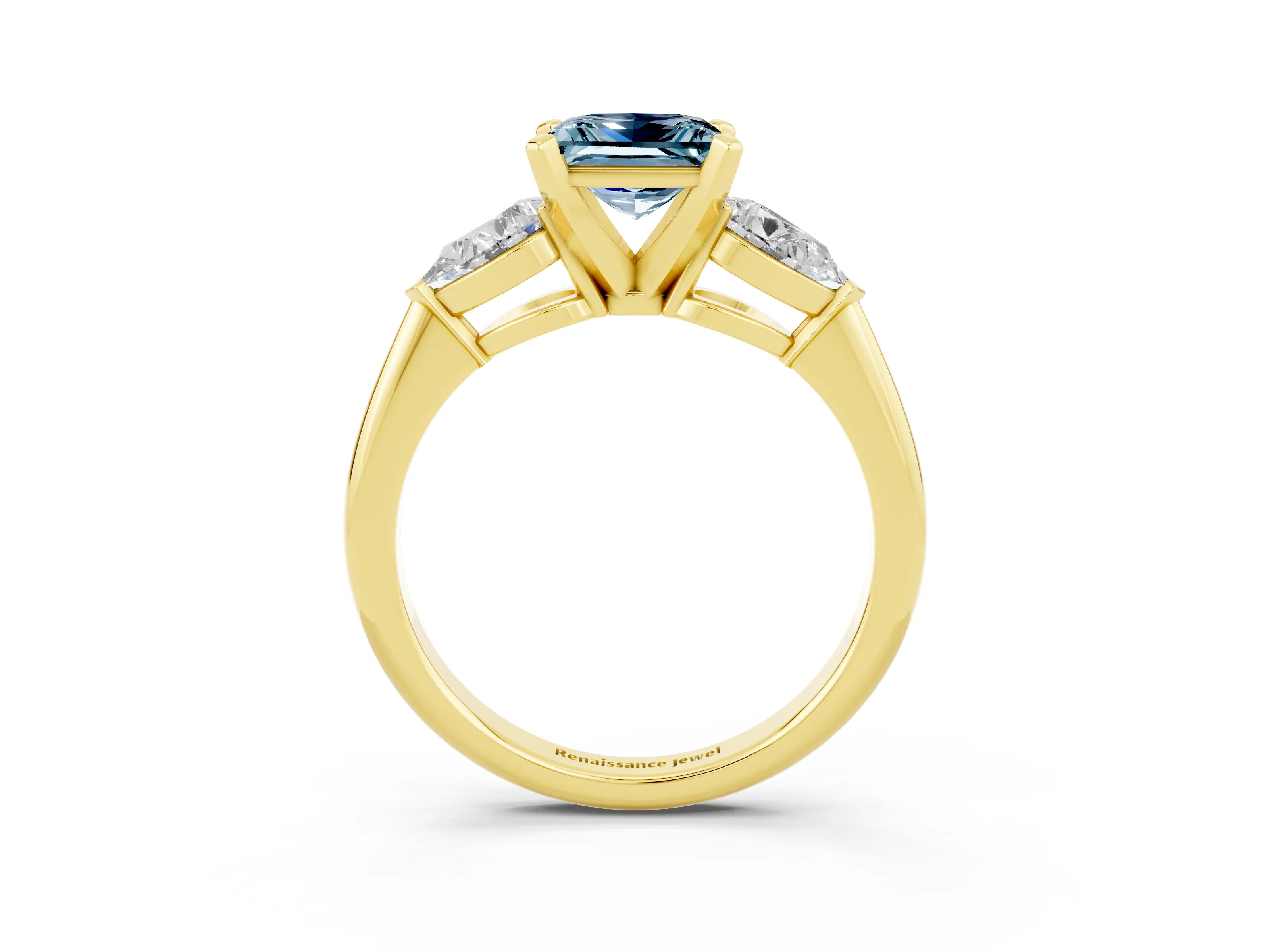 Yellow gold Three-Stone Princess Cut Aquamarine Ring with Pear Side Stones and Four-Prong Setting_3