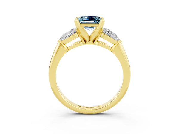 Yellow gold Three-Stone Princess Cut Aquamarine Ring with Pear Side Stones and Four-Prong Setting