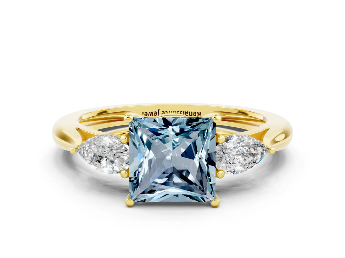 Yellow gold Three-Stone Princess Cut Aquamarine Ring with Pear  Side Stones in Four-Prong Setting_12