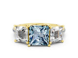 Yellow gold Three-Stone Princess Cut Aquamarine Ring with Round  Pavé Band and Prong Setting_12