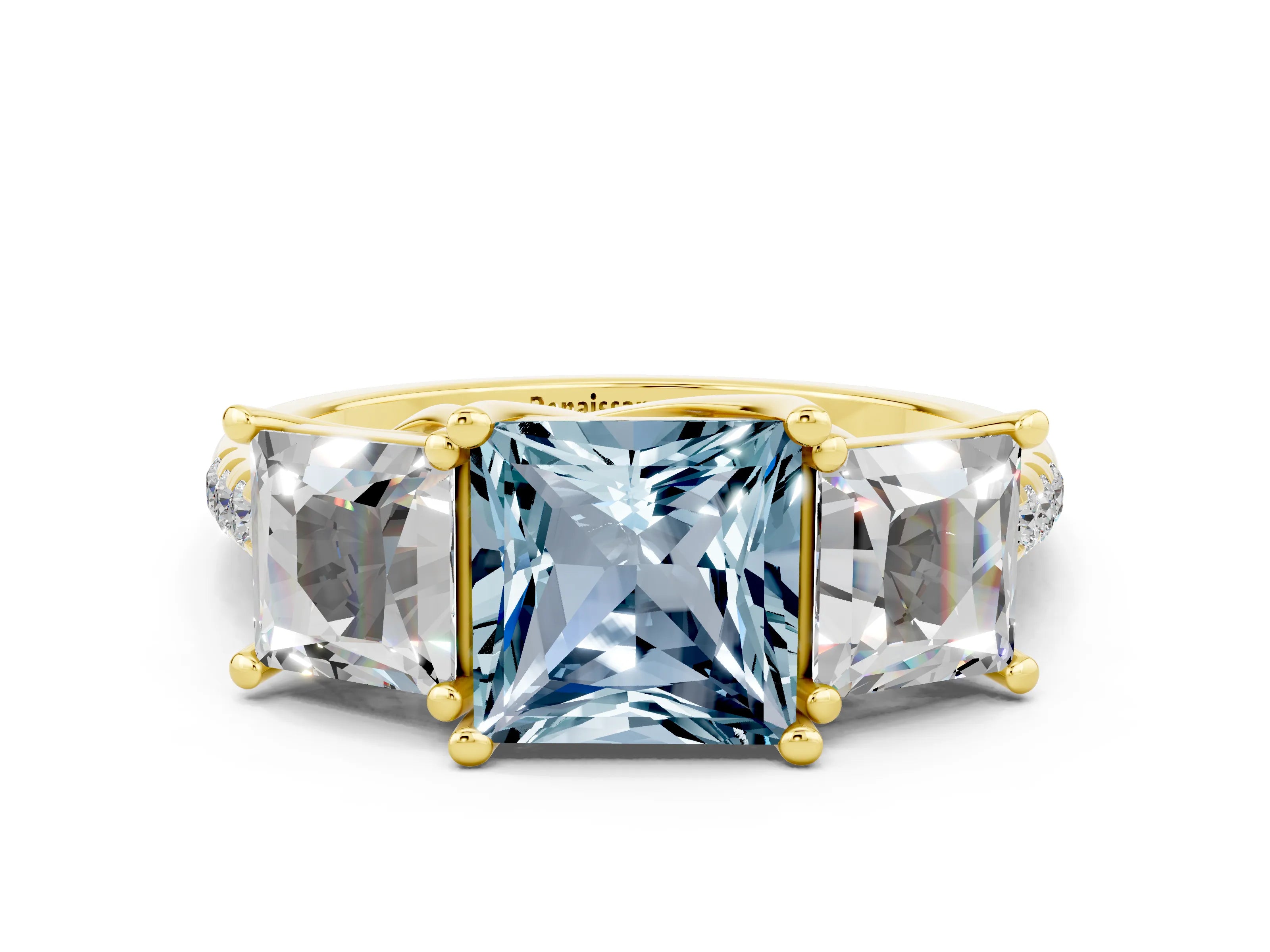 Yellow gold Three-Stone Princess Cut Aquamarine Ring with Round  Pavé Band and Prong Setting_43
