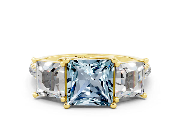 Yellow gold Three-Stone Princess Cut Aquamarine Ring with Round  Pavé Band and Prong Setting