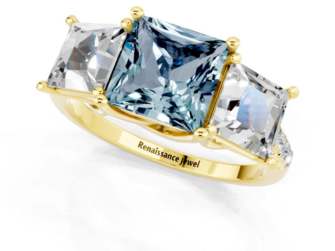 Yellow gold Three-Stone Princess Cut Aquamarine Ring with Round  Pavé Band and Prong Setting_44