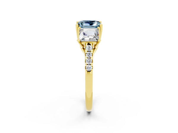 Yellow gold Three-Stone Princess Cut Aquamarine Ring with Round  Pavé Band and Prong Setting
