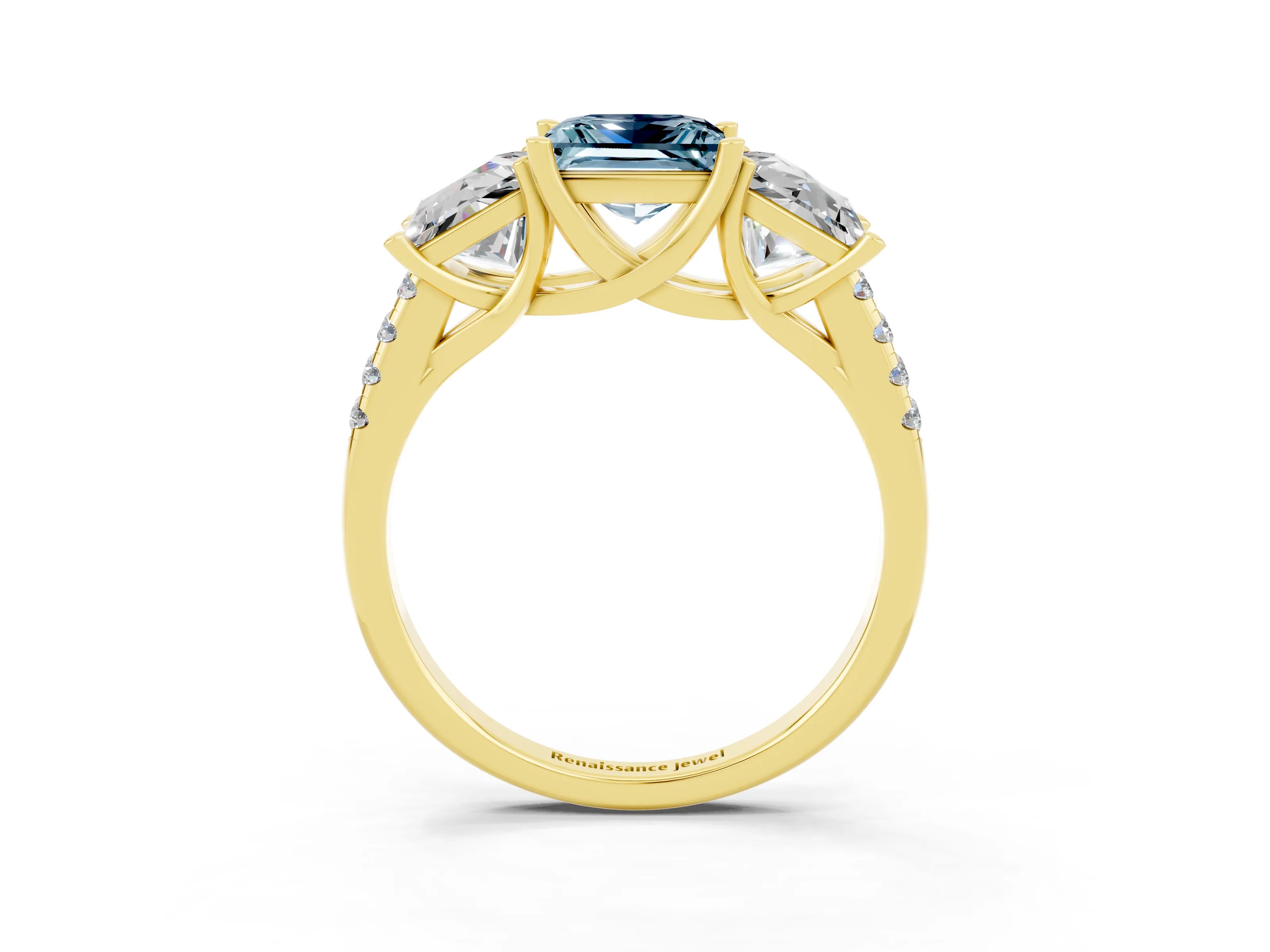 Yellow gold Three-Stone Princess Cut Aquamarine Ring with Round  Pavé Band and Prong Setting_46