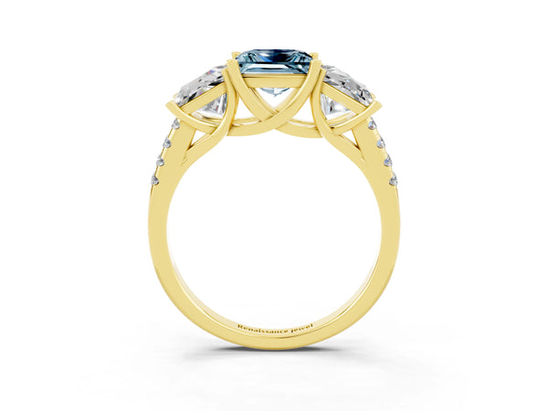 Yellow gold Three-Stone Princess Cut Aquamarine Ring with Round  Pavé Band and Prong Setting