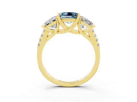 Yellow gold Three-Stone Princess Cut Aquamarine Ring with Round  Pavé Band and Prong Setting_46