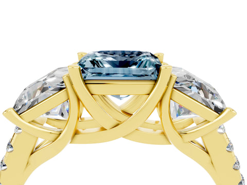 Yellow gold Three-Stone Princess Cut Aquamarine Ring with Round  Pavé Band and Prong Setting_47