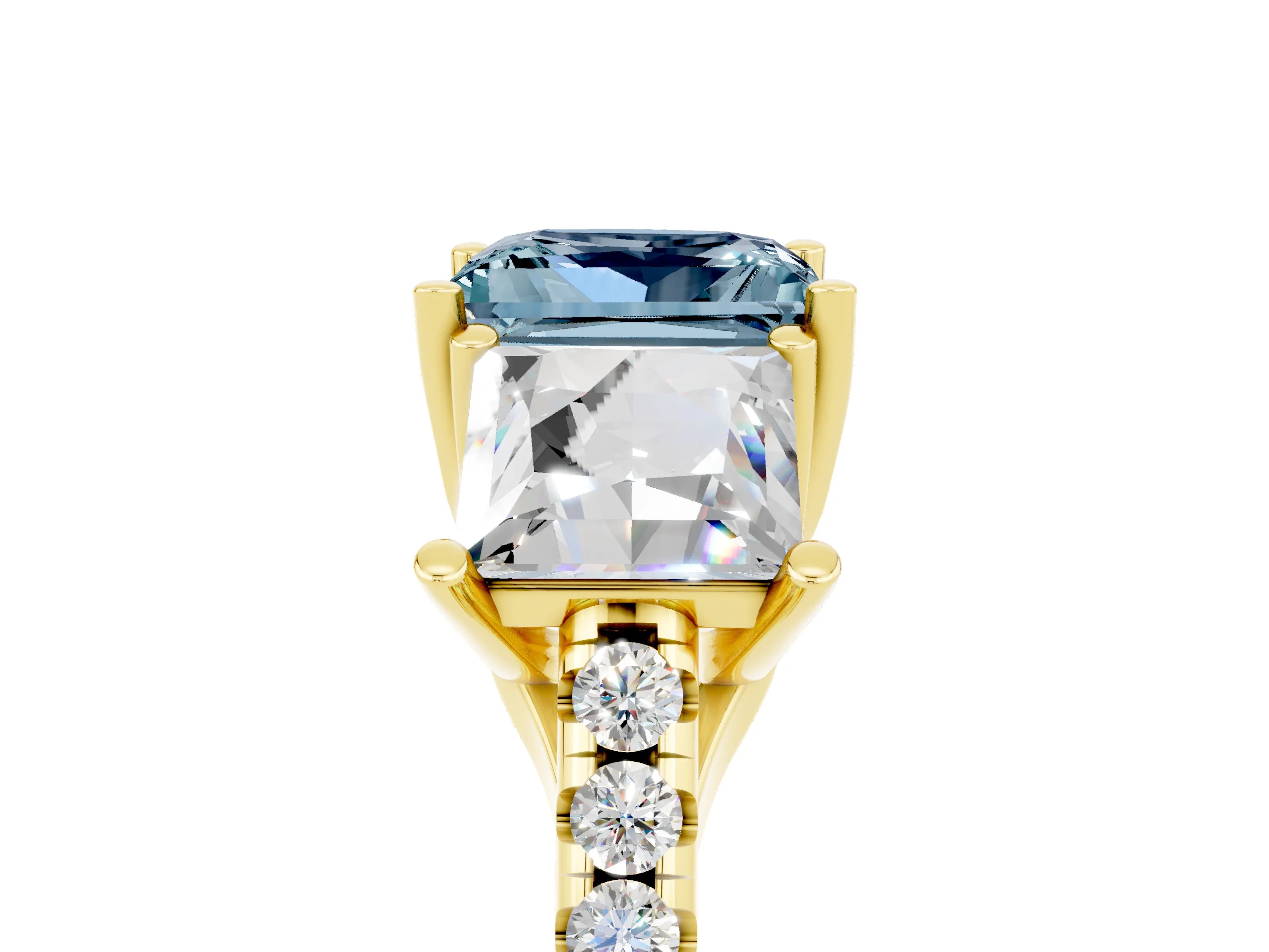 Yellow gold Three-Stone Princess Cut Aquamarine Ring with Round  Pavé Band and Prong Setting_48