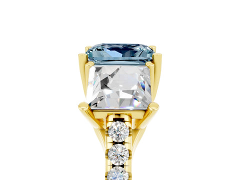 Yellow gold Three-Stone Princess Cut Aquamarine Ring with Round  Pavé Band and Prong Setting_48