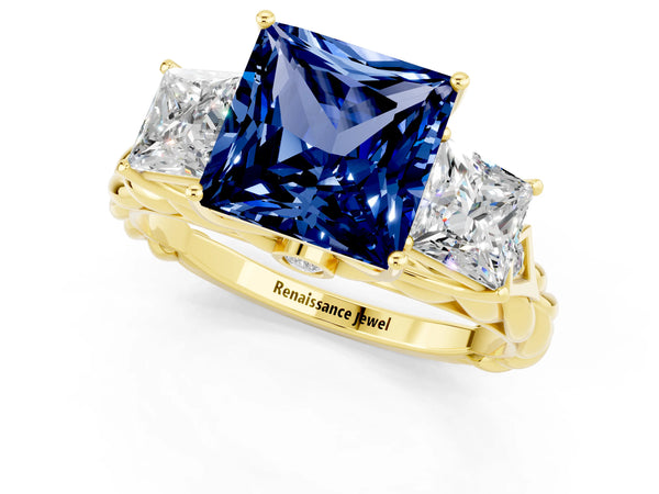 Yellow gold Three-Stone Princess Cut Blue Sapphire Braided Band Ring with Four-Prong Setting
