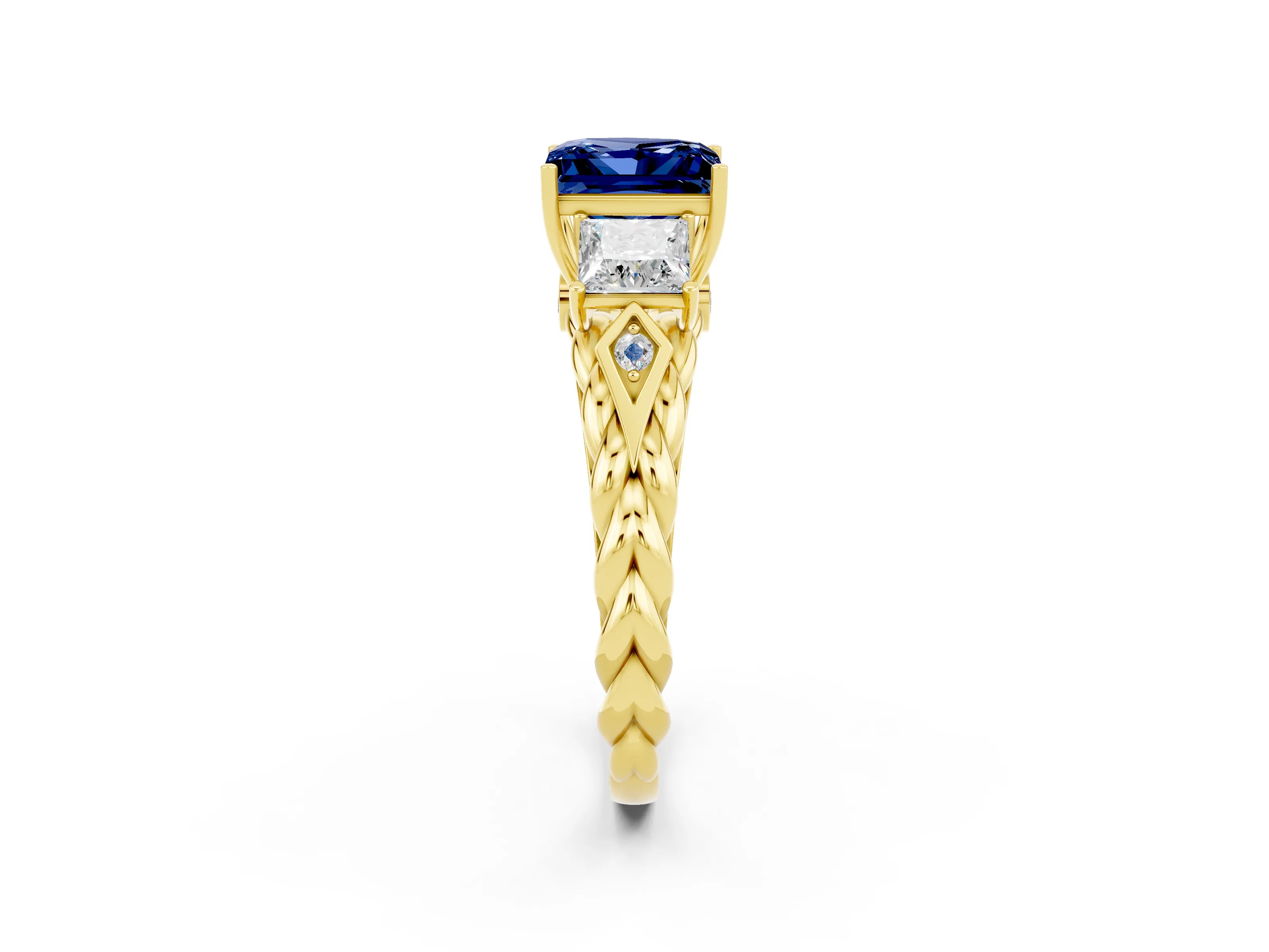 Yellow gold Three-Stone Princess Cut Blue Sapphire Braided Band Ring with Four-Prong Setting_32