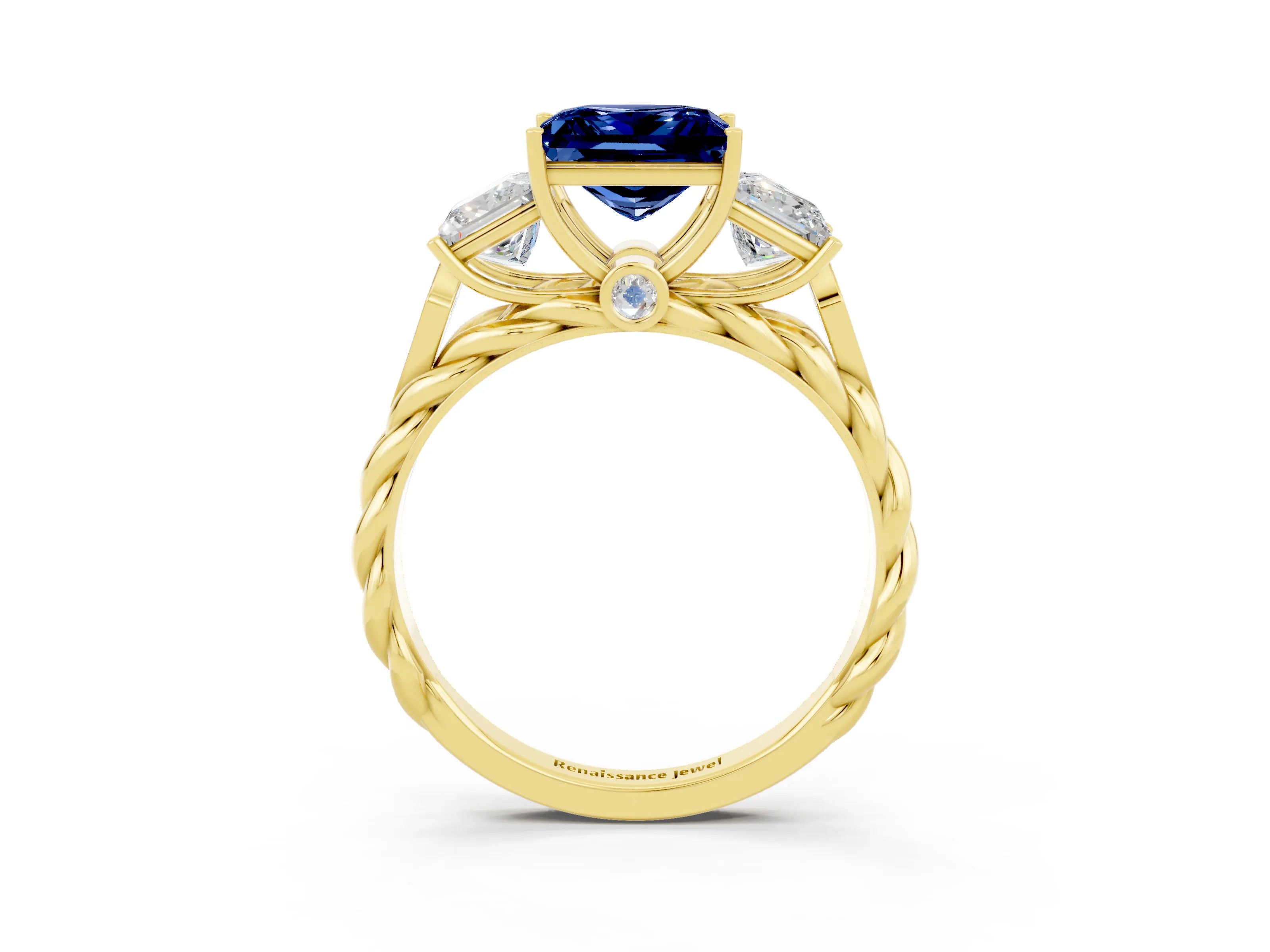 Yellow gold Three-Stone Princess Cut Blue Sapphire Braided Band Ring with Four-Prong Setting_33