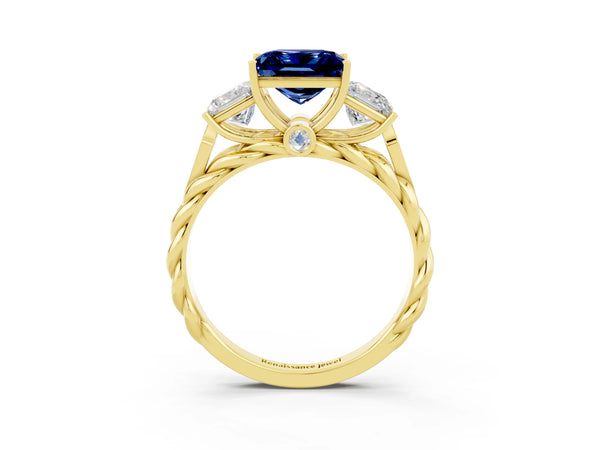 Yellow gold Three-Stone Princess Cut Blue Sapphire Braided Band Ring with Four-Prong Setting
