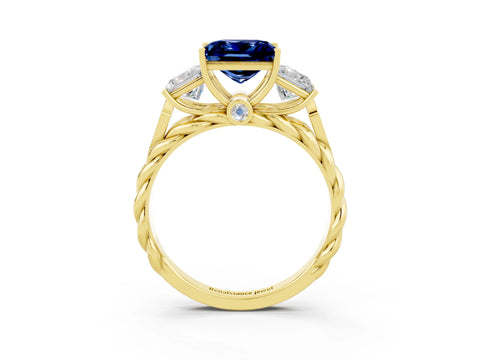 Yellow gold Three-Stone Princess Cut Blue Sapphire Braided Band Ring with Four-Prong Setting_33
