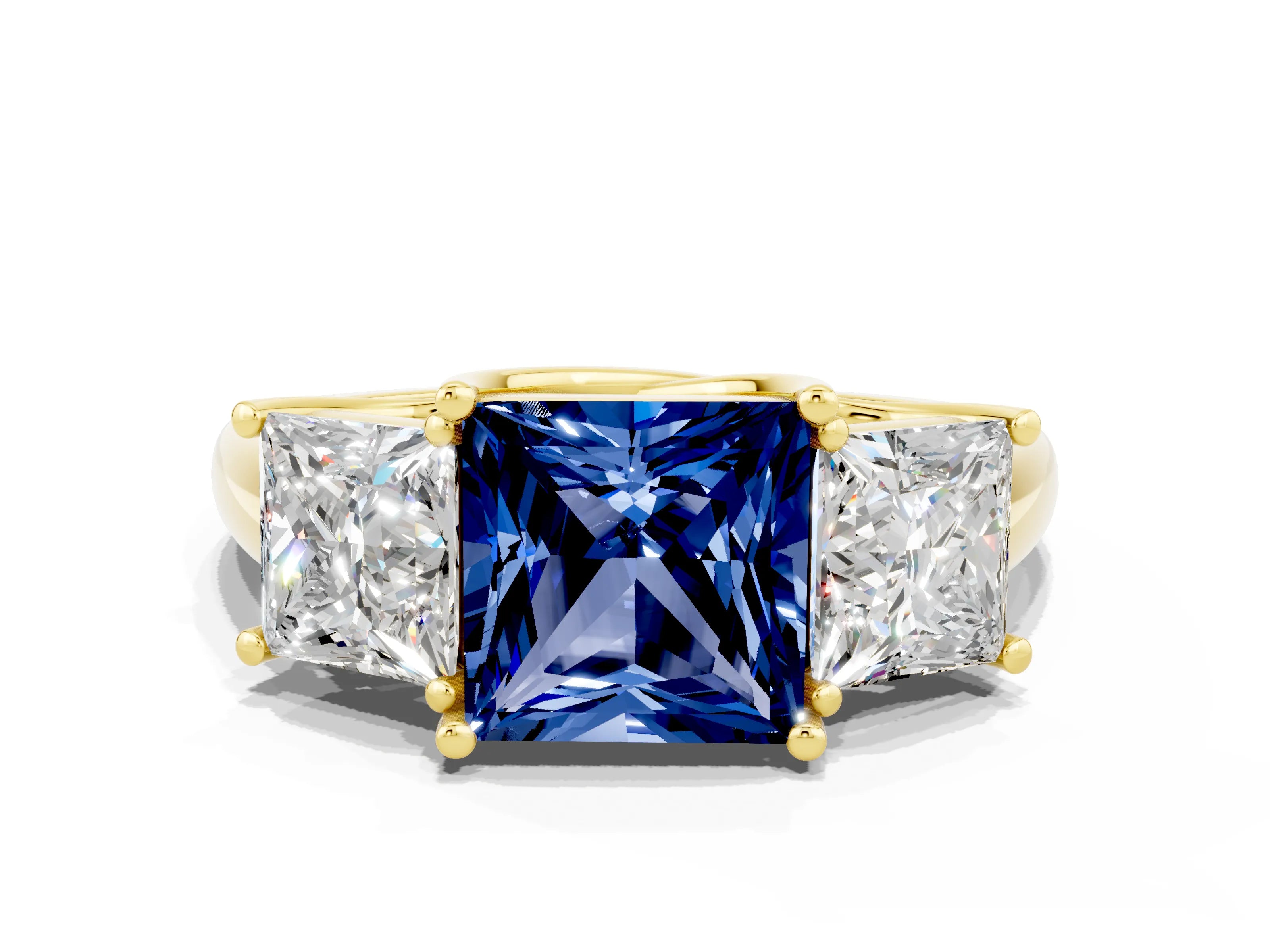 Yellow gold Three-Stone Princess Cut Blue Sapphire Engagement Ring with Prong Setting