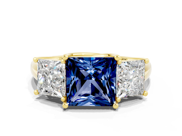 Yellow gold Three-Stone Princess Cut Blue Sapphire Engagement Ring with Prong Setting