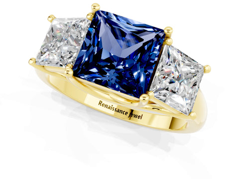 Yellow gold Three-Stone Princess Cut Blue Sapphire Engagement Ring with Prong Setting_1