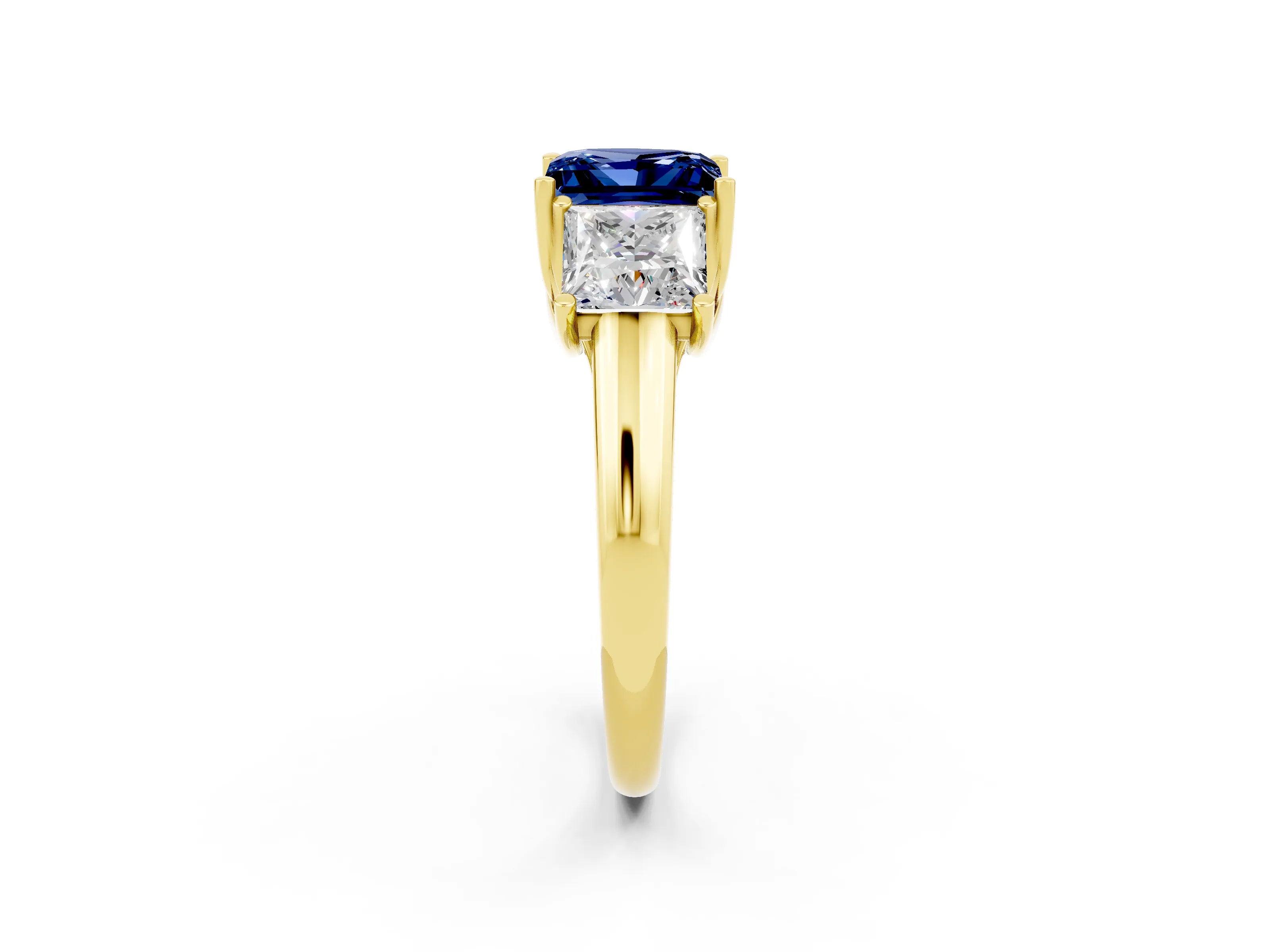 Yellow gold Three-Stone Princess Cut Blue Sapphire Engagement Ring with Prong Setting_2