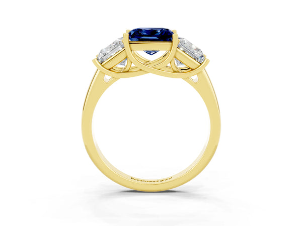 Yellow gold Three-Stone Princess Cut Blue Sapphire Engagement Ring with Prong Setting