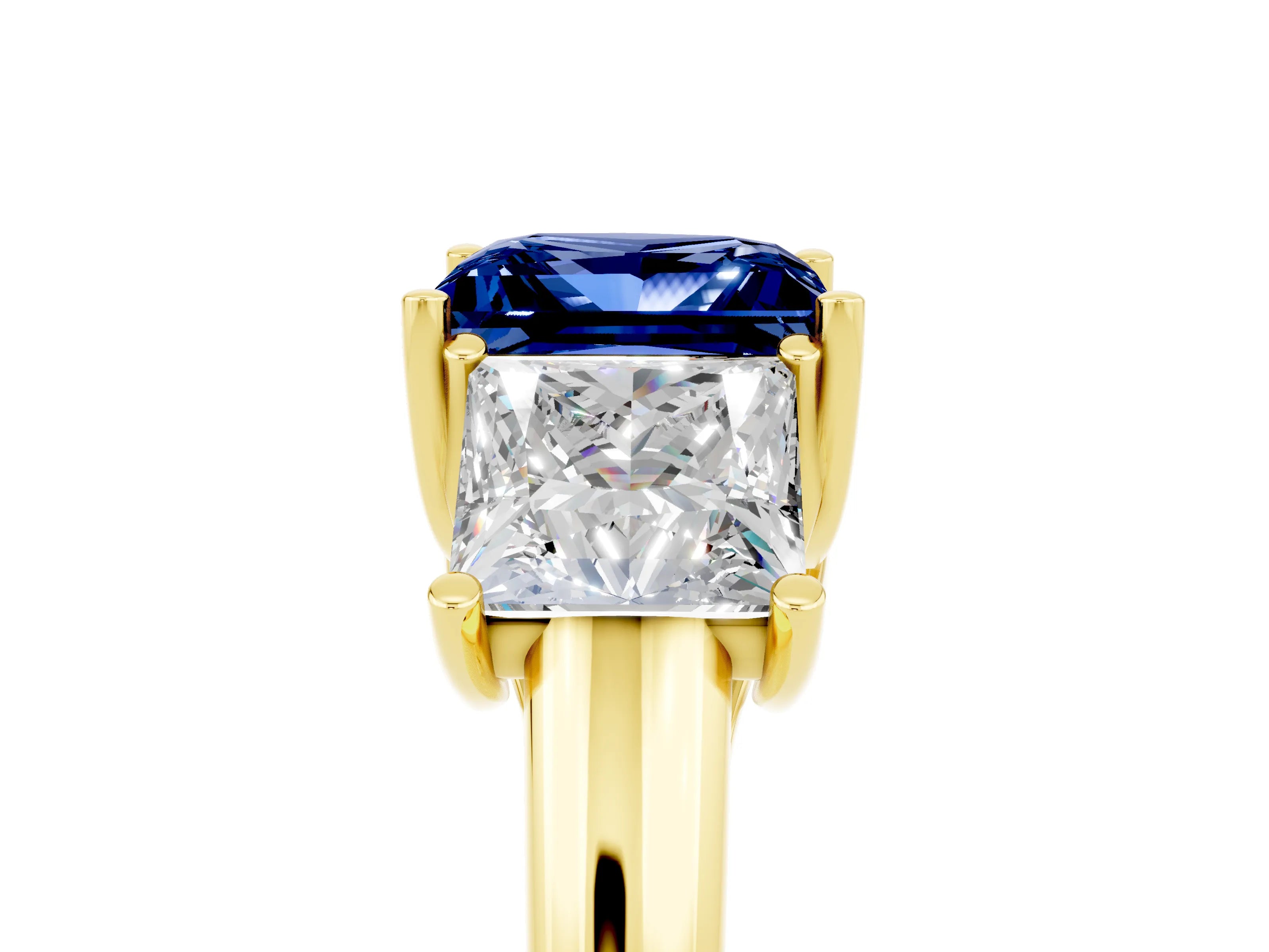 Yellow gold Three-Stone Princess Cut Blue Sapphire Engagement Ring with Prong Setting_5
