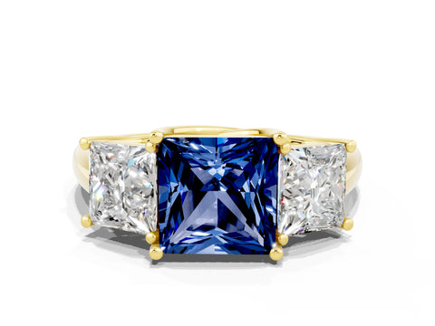 Yellow gold Three-Stone Princess Cut Blue Sapphire Engagement Ring with Prong Setting
