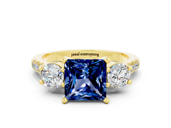 Yellow gold Three-Stone Princess Cut Blue Sapphire Pavé Band with Four-Prong Setting