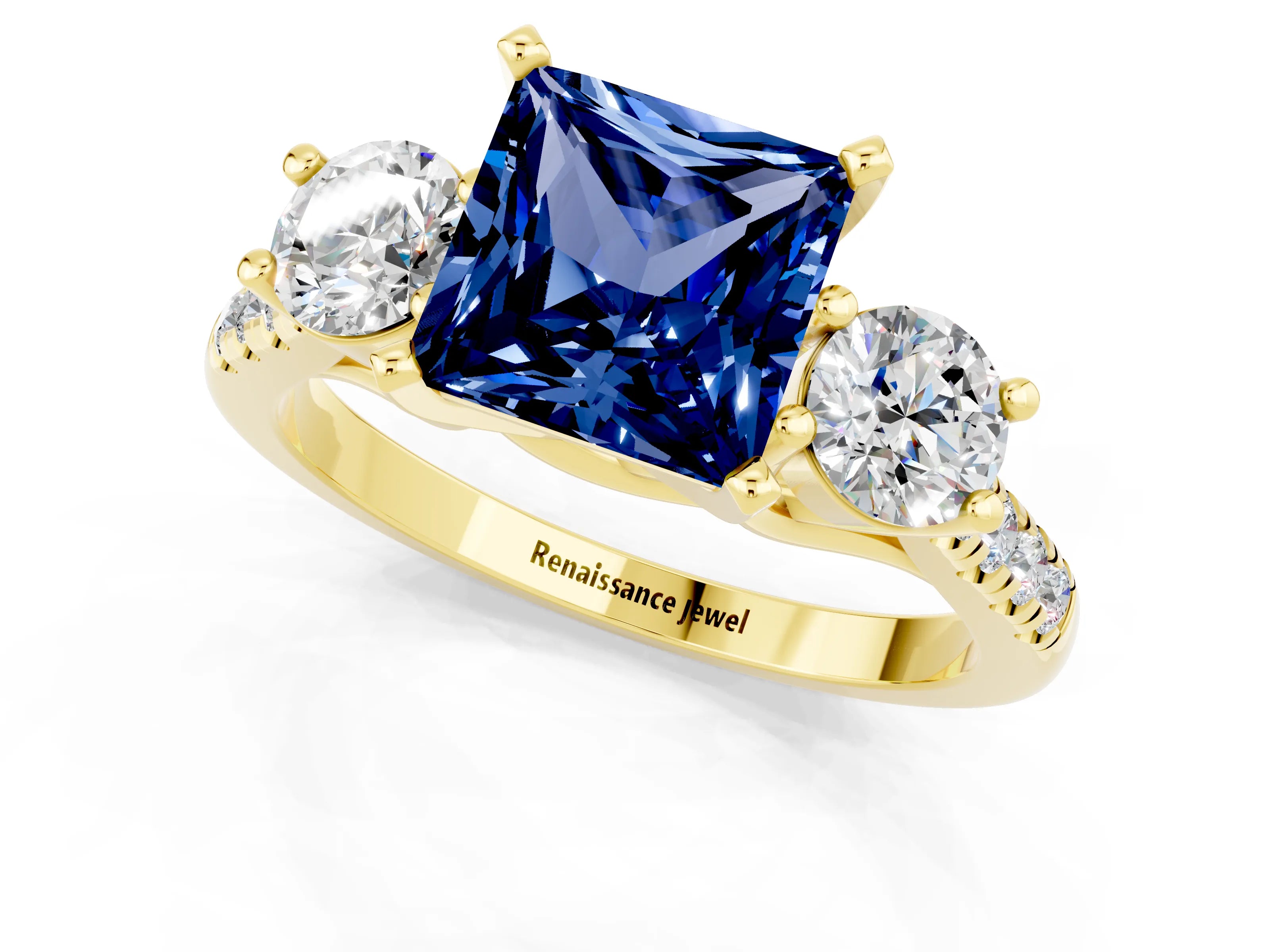 Yellow gold Three-Stone Princess Cut Blue Sapphire Pavé Band with Four-Prong Setting_1