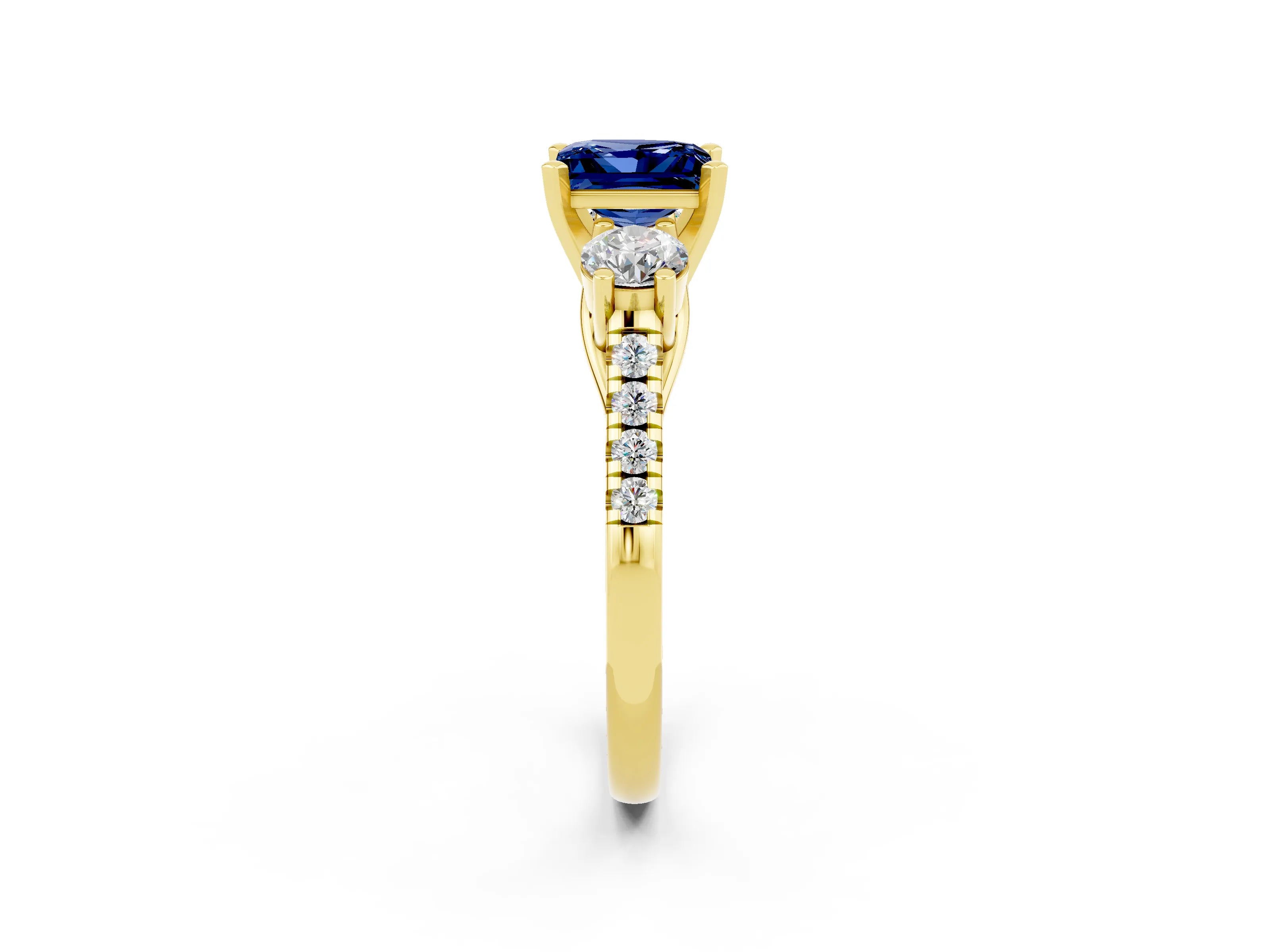 Yellow gold Three-Stone Princess Cut Blue Sapphire Pavé Band with Four-Prong Setting_2