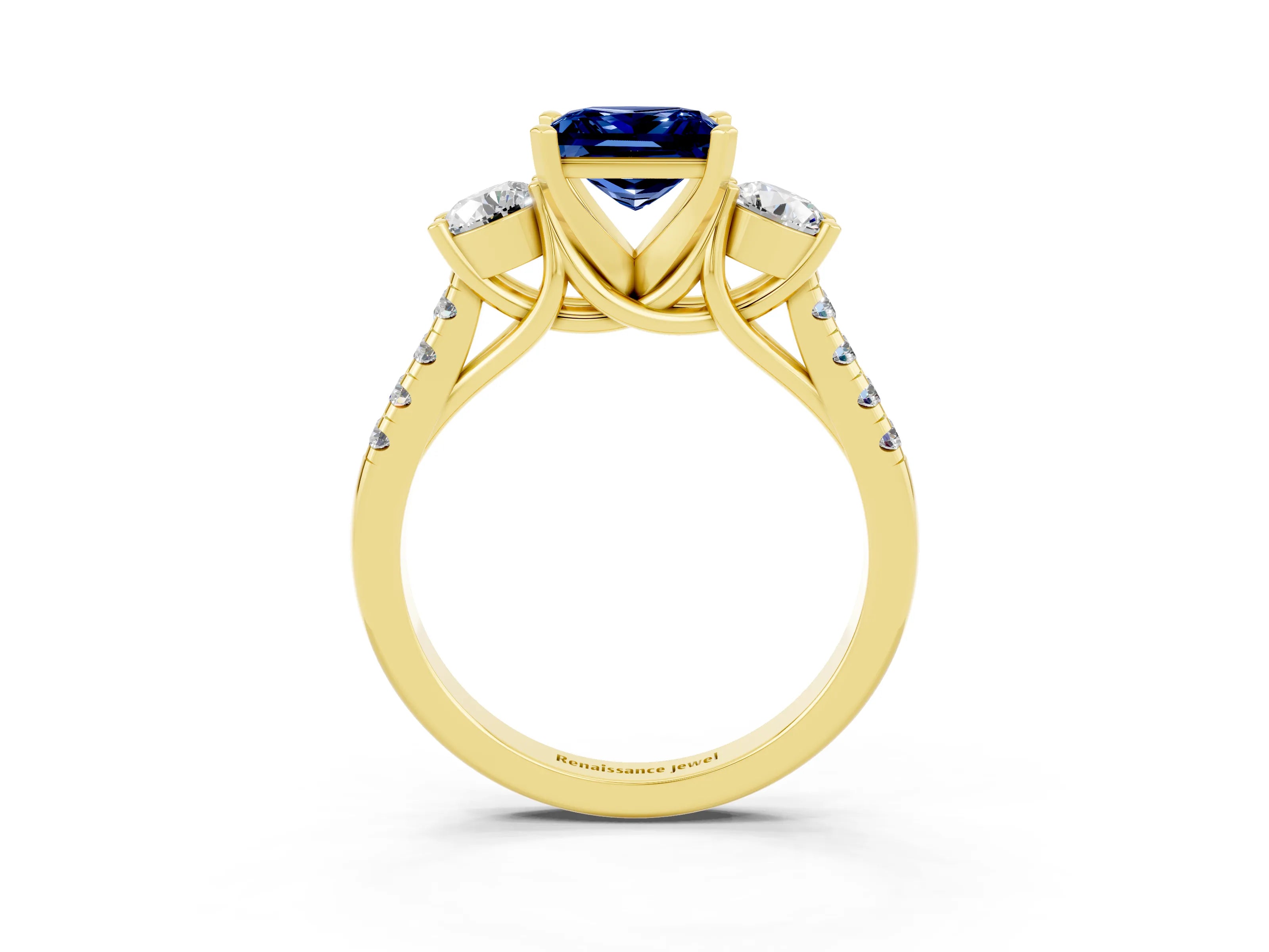 Yellow gold Three-Stone Princess Cut Blue Sapphire Pavé Band with Four-Prong Setting_3