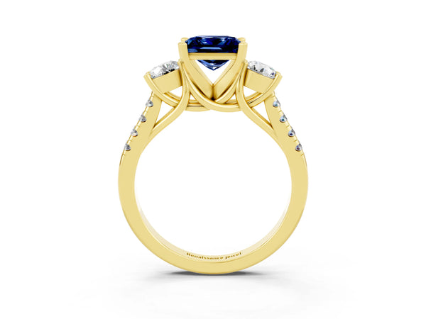 Yellow gold Three-Stone Princess Cut Blue Sapphire Pavé Band with Four-Prong Setting