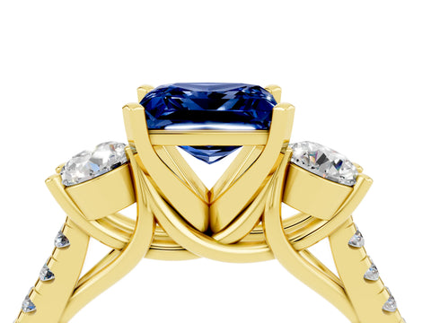 Yellow gold Three-Stone Princess Cut Blue Sapphire Pavé Band with Four-Prong Setting_4