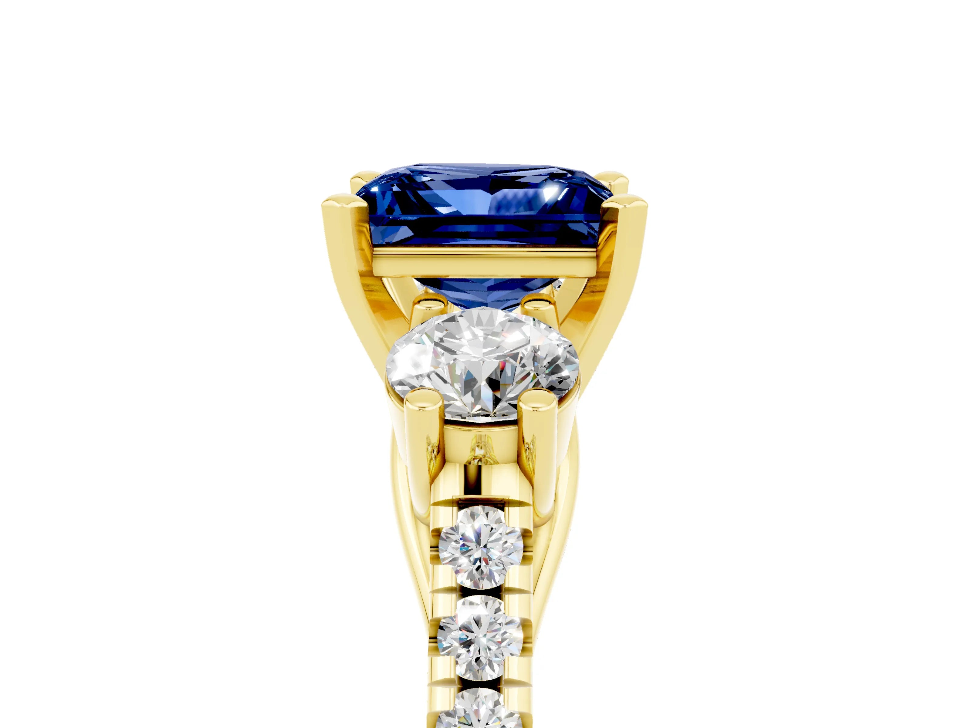 Yellow gold Three-Stone Princess Cut Blue Sapphire Pavé Band with Four-Prong Setting_5