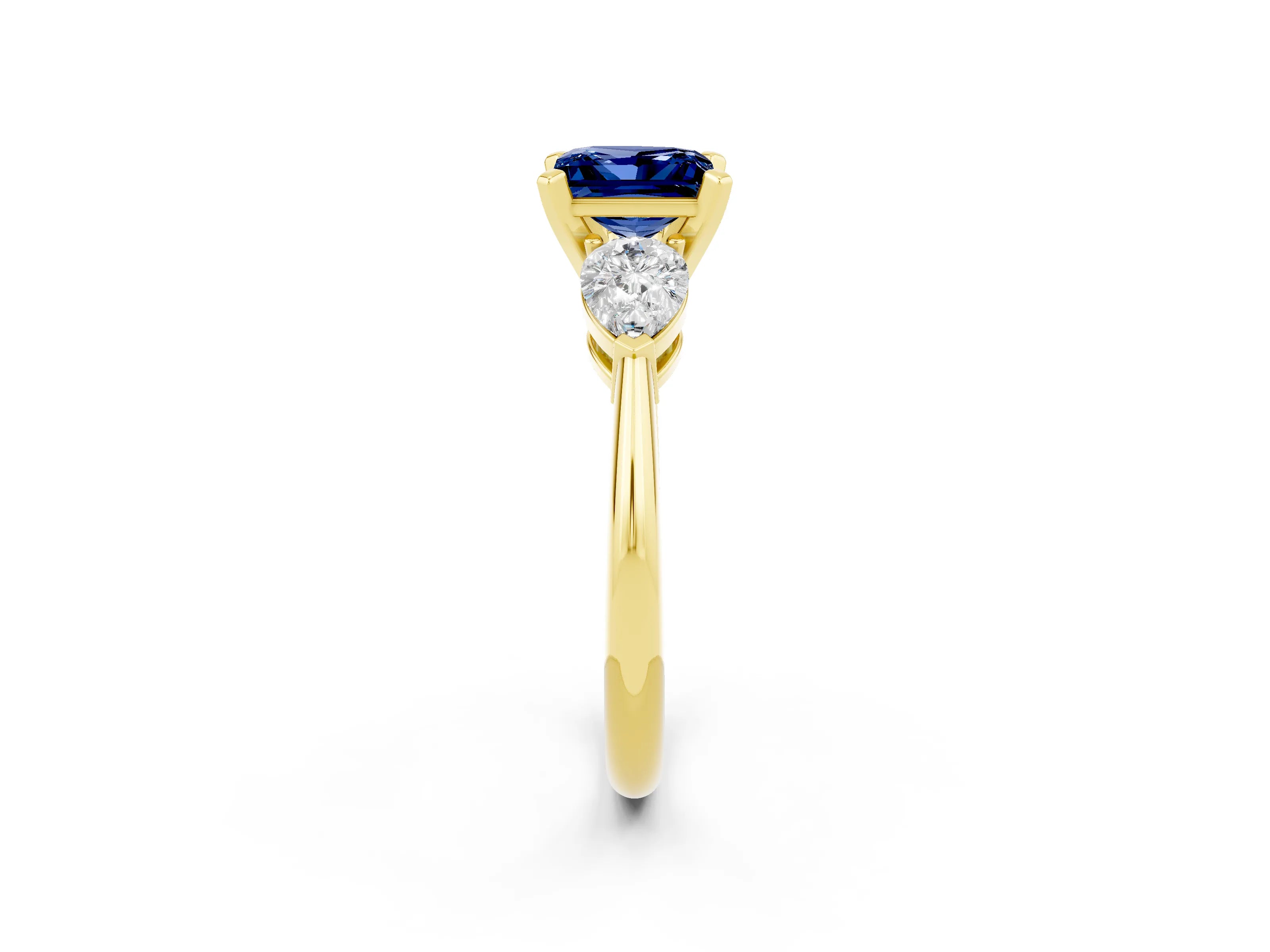 Yellow gold Three-Stone Princess Cut Blue Sapphire Ring with Pear Side Stones and Four-Prong Setting_2