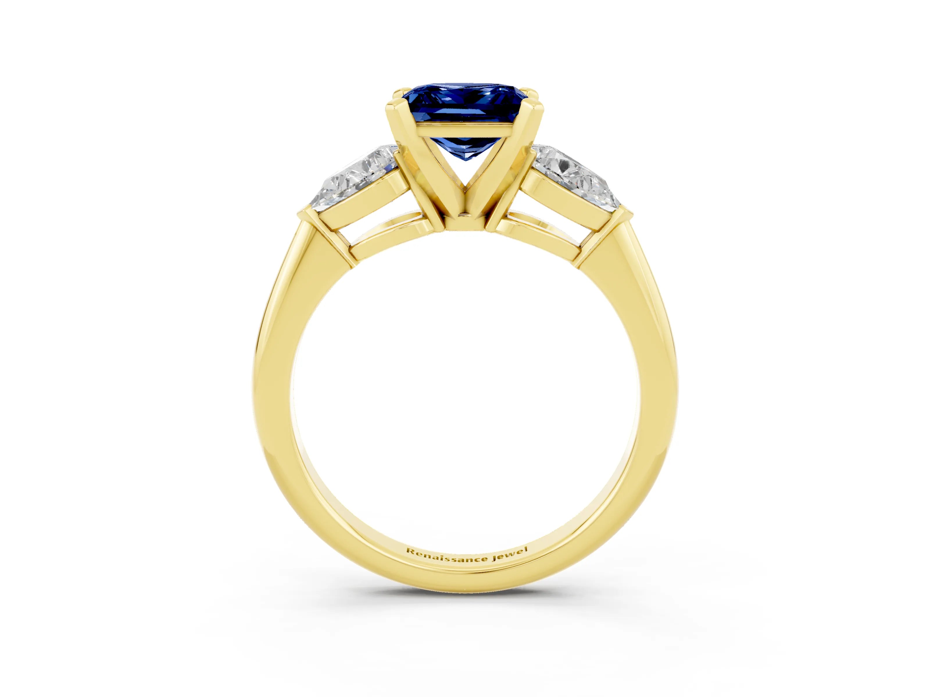 Yellow gold Three-Stone Princess Cut Blue Sapphire Ring with Pear Side Stones and Four-Prong Setting_3