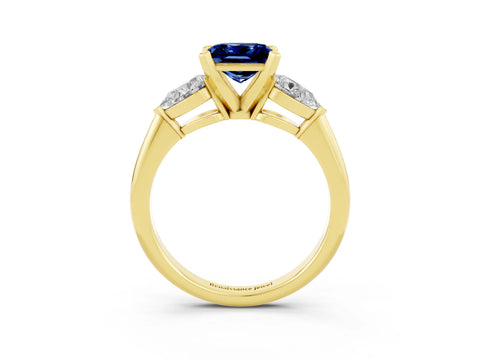 Yellow gold Three-Stone Princess Cut Blue Sapphire Ring with Pear Side Stones and Four-Prong Setting_3