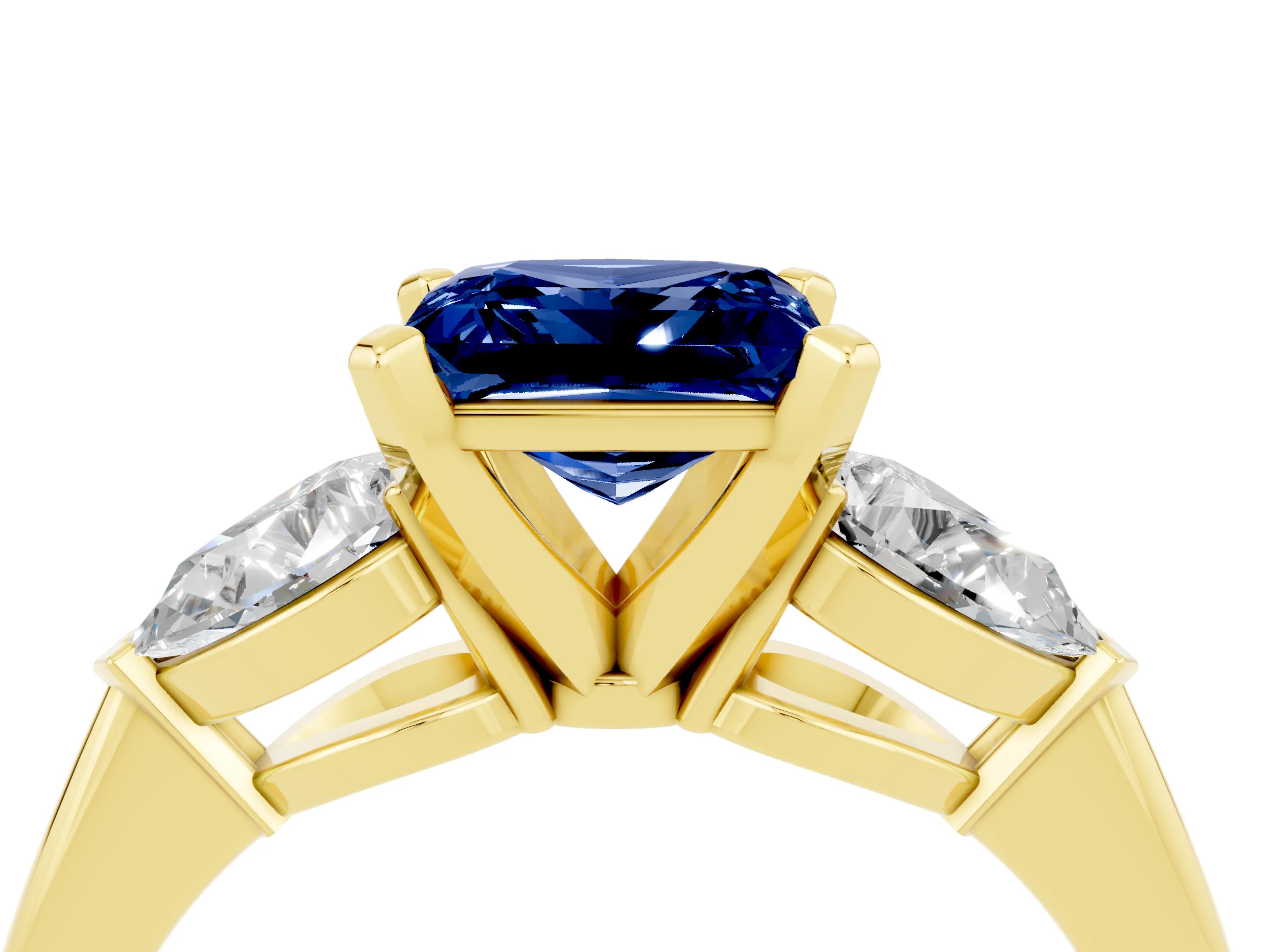 Yellow gold Three-Stone Princess Cut Blue Sapphire Ring with Pear Side Stones and Four-Prong Setting_4