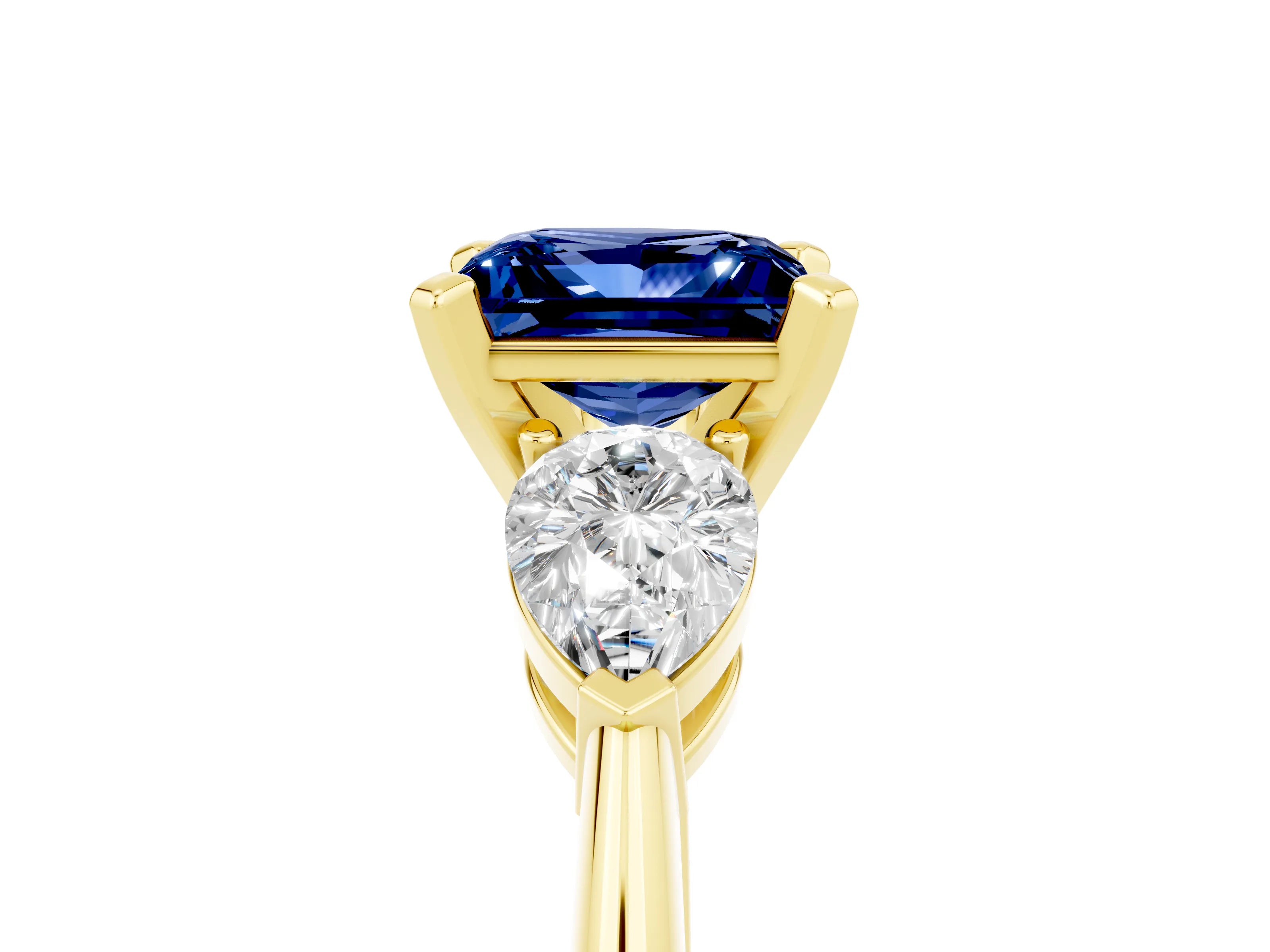 Yellow gold Three-Stone Princess Cut Blue Sapphire Ring with Pear Side Stones and Four-Prong Setting_5