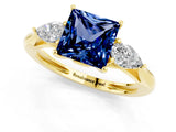 Yellow gold Three-Stone Princess Cut Blue Sapphire Ring with Pear  Side Stones in Four-Prong Setting_13