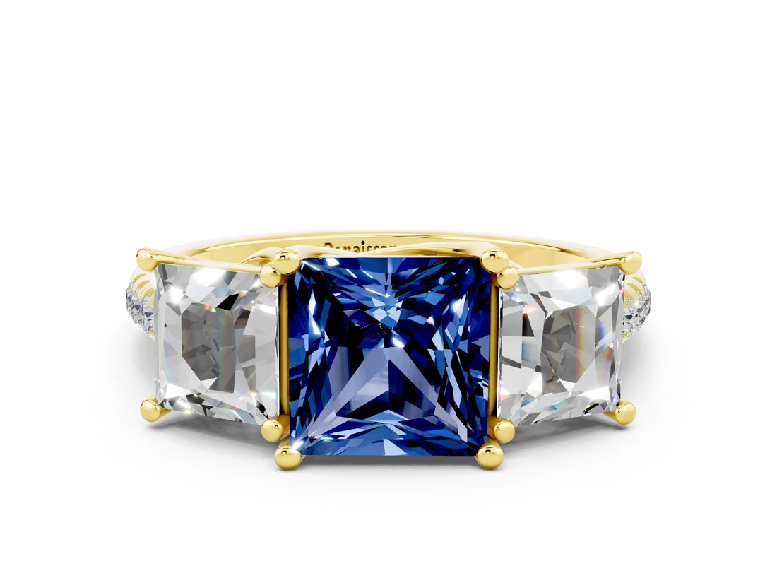Yellow gold Three-Stone Princess Cut Blue Sapphire Ring with Round  Pavé Band and Prong Setting_12