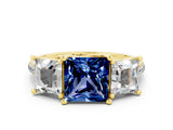 Yellow gold Three-Stone Princess Cut Blue Sapphire Ring with Round  Pavé Band and Prong Setting_12