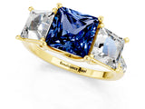 Yellow gold Three-Stone Princess Cut Blue Sapphire Ring with Round  Pavé Band and Prong Setting_13