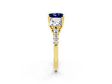 Yellow gold Three-Stone Princess Cut Blue Sapphire Ring with Round  Pavé Band and Prong Setting_14