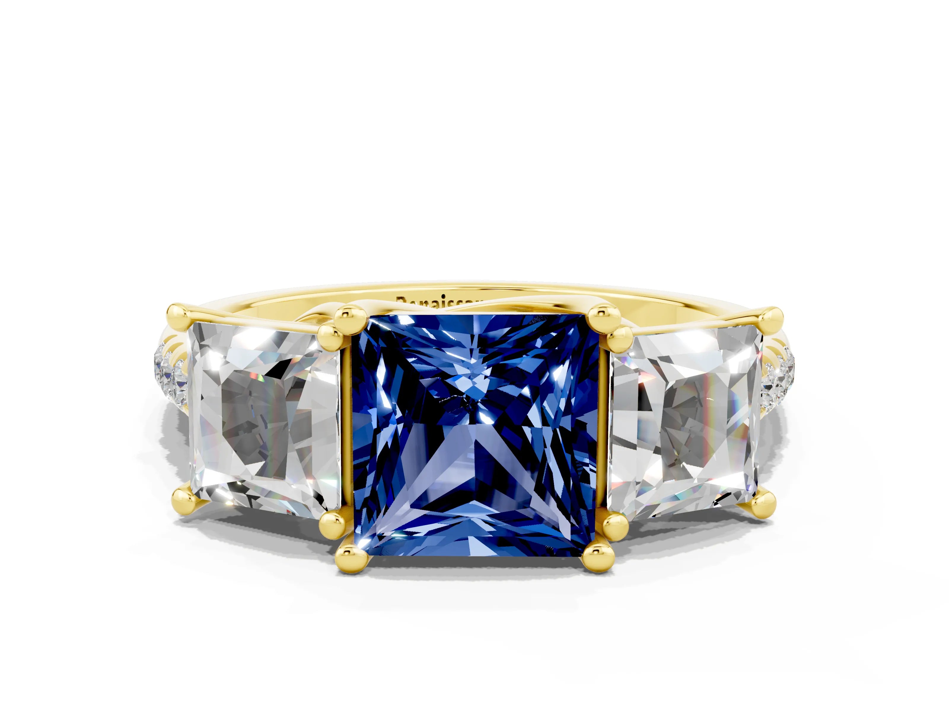 Yellow gold Three-Stone Princess Cut Blue Sapphire Ring with Round  Pavé Band and Prong Setting_43