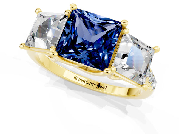 Yellow gold Three-Stone Princess Cut Blue Sapphire Ring with Round  Pavé Band and Prong Setting