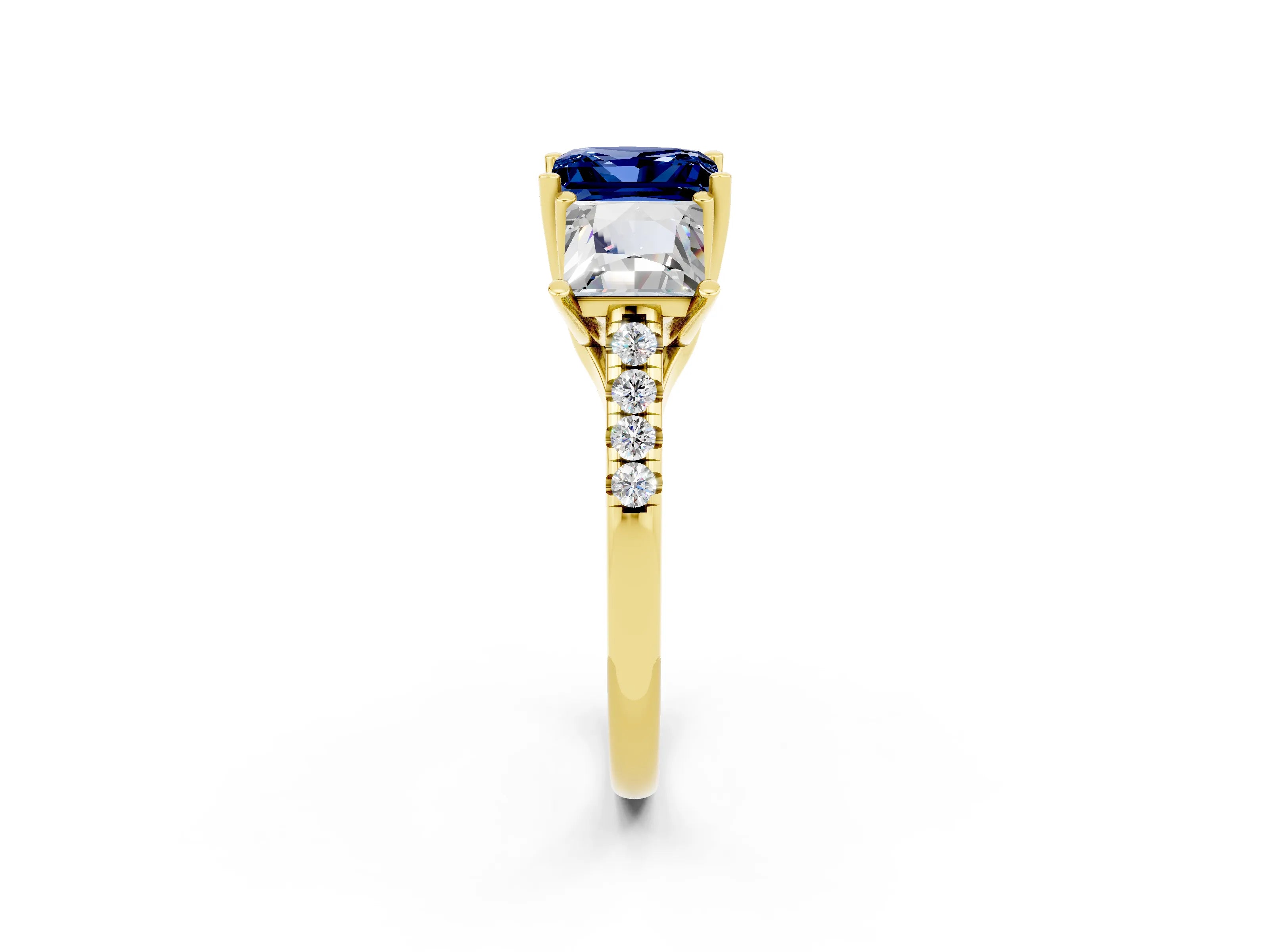 Yellow gold Three-Stone Princess Cut Blue Sapphire Ring with Round  Pavé Band and Prong Setting_45
