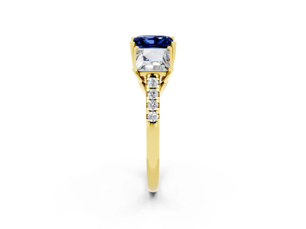 Yellow gold Three-Stone Princess Cut Blue Sapphire Ring with Round  Pavé Band and Prong Setting